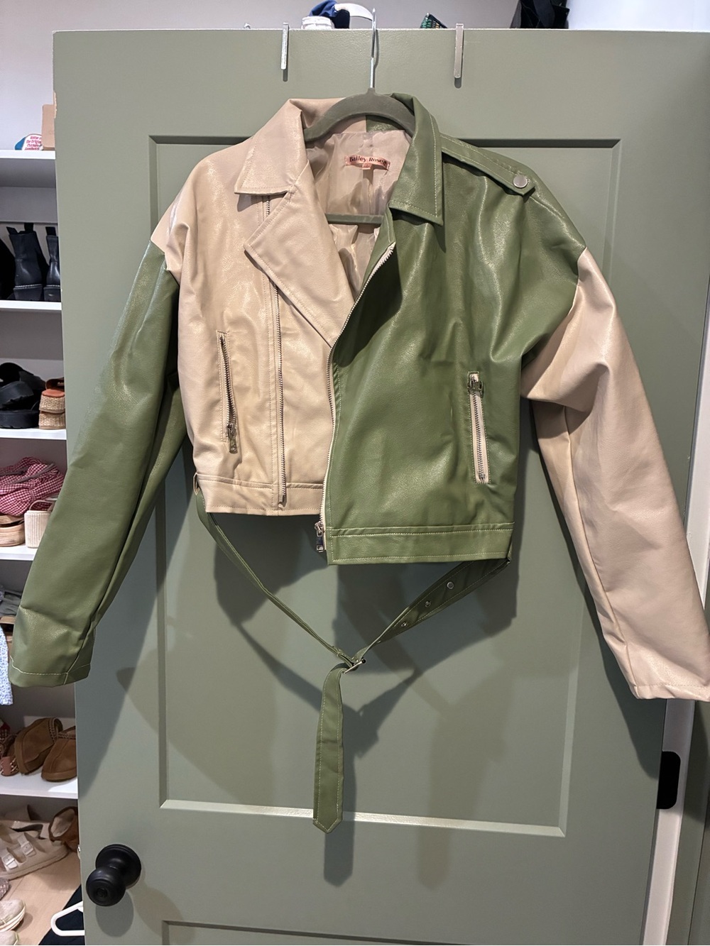 Bailey Rose Two-Tone Olive & Cream Leather Moto Jacket - Women